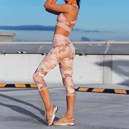 Ensemble de fitness push-up 2 pièces à poches camouflage rose