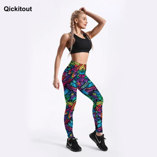 Pantalon de fitness taille moyenne pour femme Quickitout Color Feathers imprimé en 3D