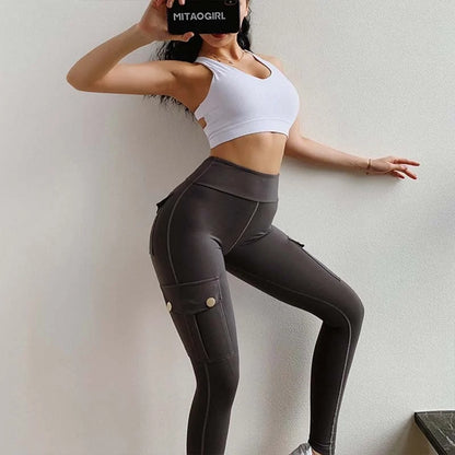 Polyester-Fitness-Leggings mit hoher Taille und Taschen für Damen