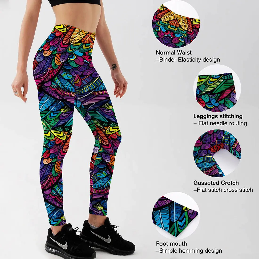 Pantalon de fitness taille moyenne pour femme Quickitout Color Feathers imprimé en 3D