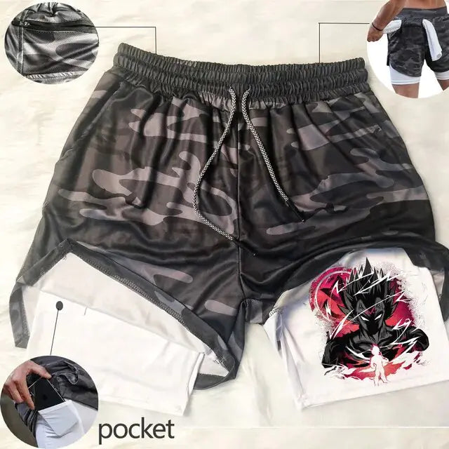 Short de course Anime pour homme, short de sport 2 en 1 pour fitness, gym, entraînement