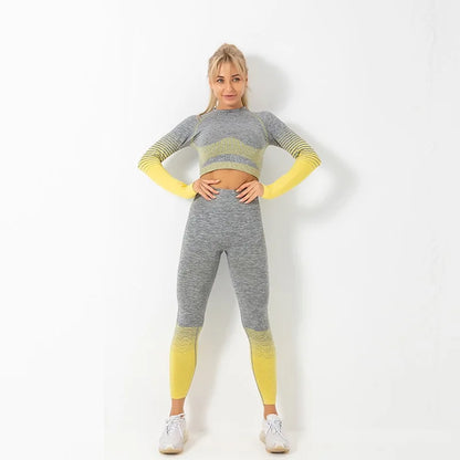 Ensemble de yoga à manches longues sans coutures et ombré : combinaison de fitness taille haute pour femme