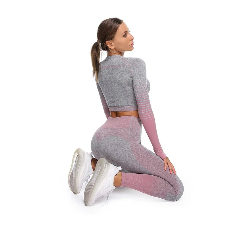 Ensemble de yoga à manches longues sans coutures et ombré : combinaison de fitness taille haute pour femme