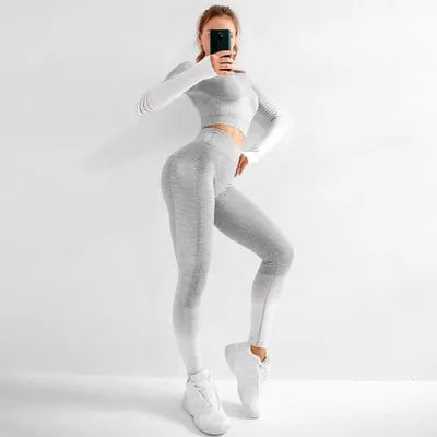 Ensemble de yoga à manches longues sans coutures et ombré : combinaison de fitness taille haute pour femme