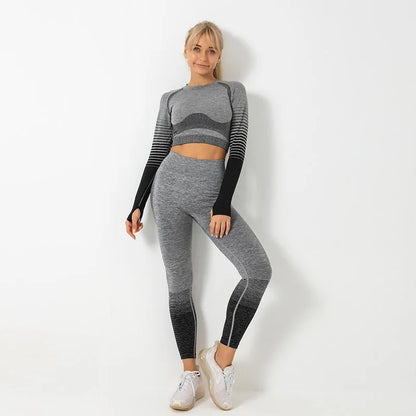 Ensemble de yoga à manches longues sans coutures et ombré : combinaison de fitness taille haute pour femme