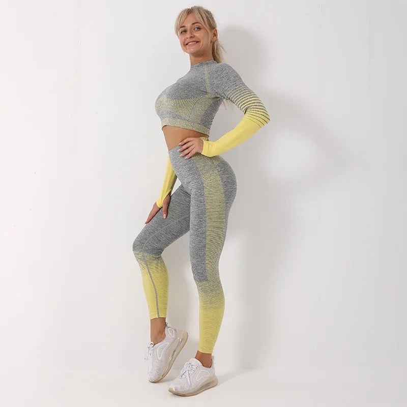 Ensemble de yoga à manches longues sans coutures et ombré : combinaison de fitness taille haute pour femme