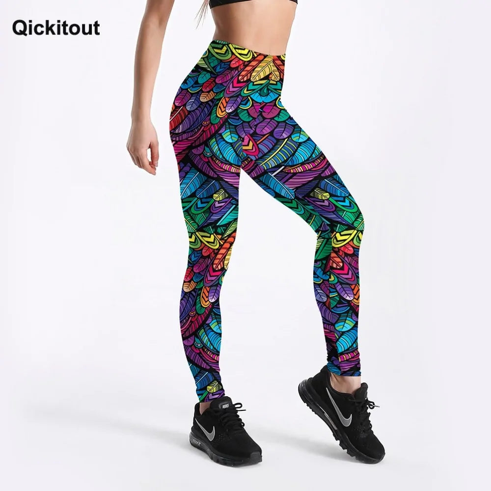 Pantalon de fitness taille moyenne pour femme Quickitout Color Feathers imprimé en 3D