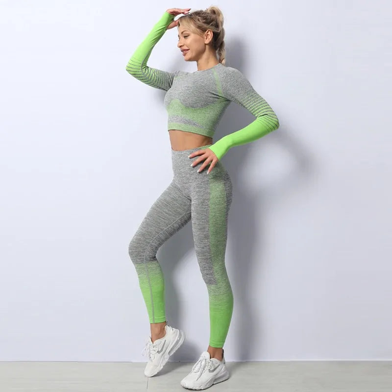 Ensemble de yoga à manches longues sans coutures et ombré : combinaison de fitness taille haute pour femme