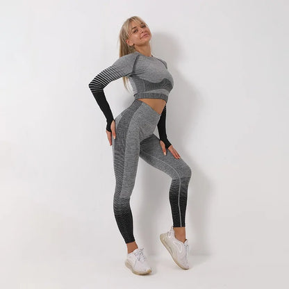 Ensemble de yoga à manches longues sans coutures et ombré : combinaison de fitness taille haute pour femme