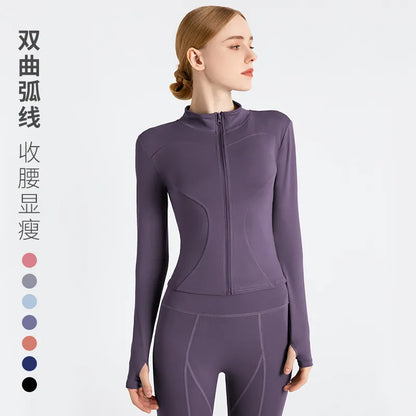 Veste de sport à manches longues pour femme, chemise de fitness et de yoga zippée