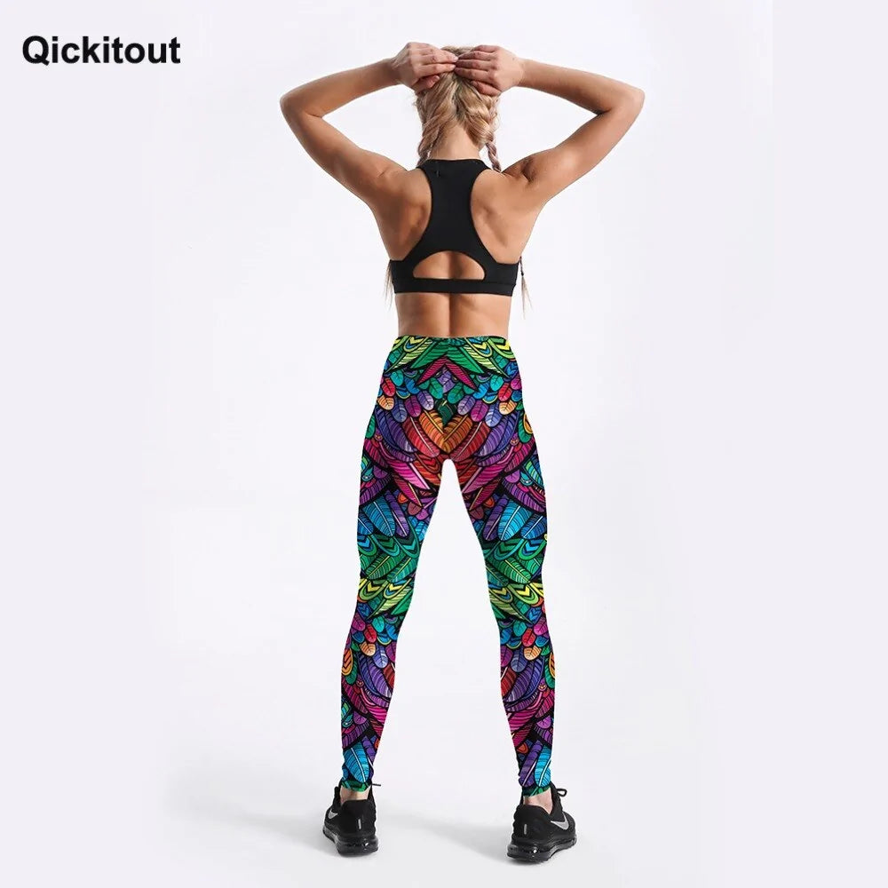 Pantalon de fitness taille moyenne pour femme Quickitout Color Feathers imprimé en 3D