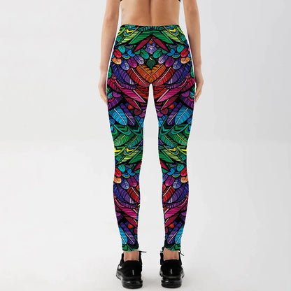 Pantalon de fitness taille moyenne pour femme Quickitout Color Feathers imprimé en 3D