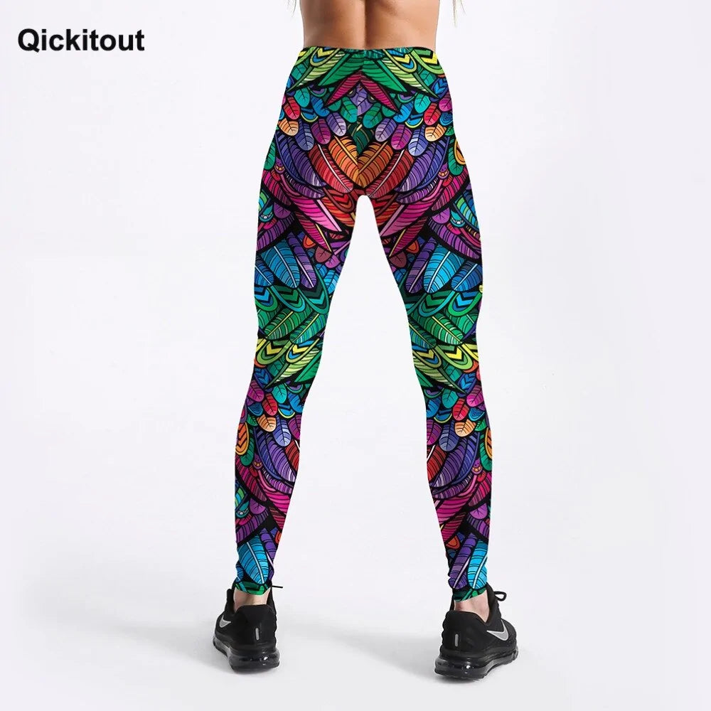 Pantalon de fitness taille moyenne pour femme Quickitout Color Feathers imprimé en 3D